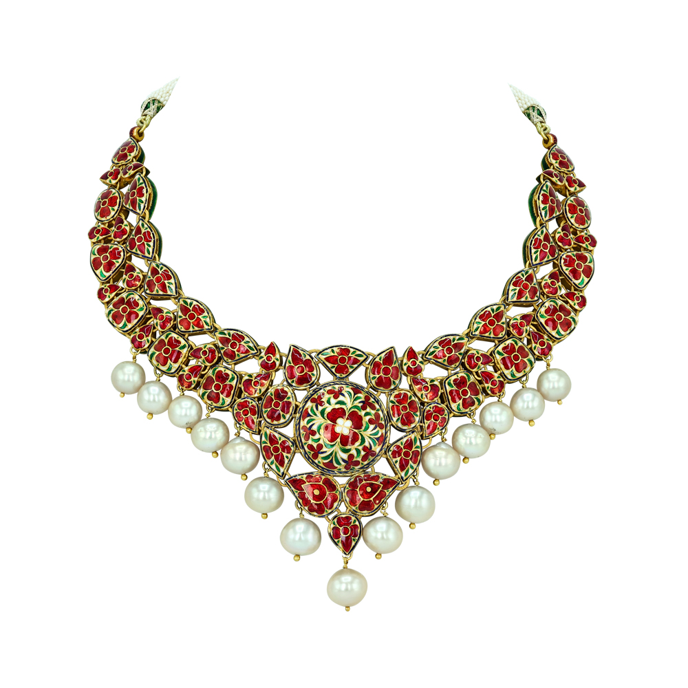 Polki Necklace with Green Enamel and Southsea Pearls